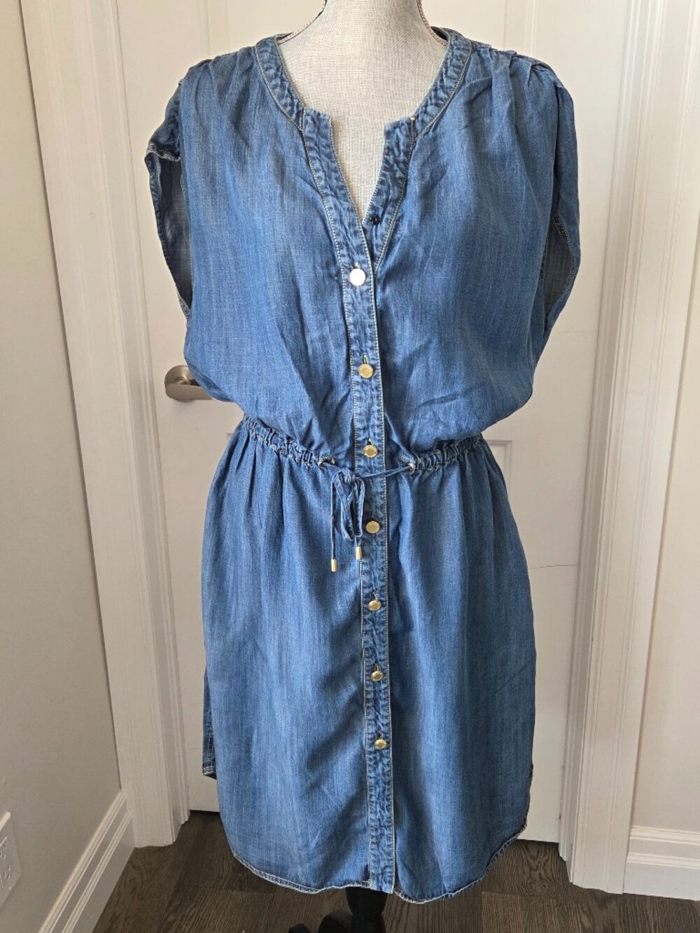 Spanner chambray dress elastic waist cap sleeves button down size 14 - Picture 1 of 7
